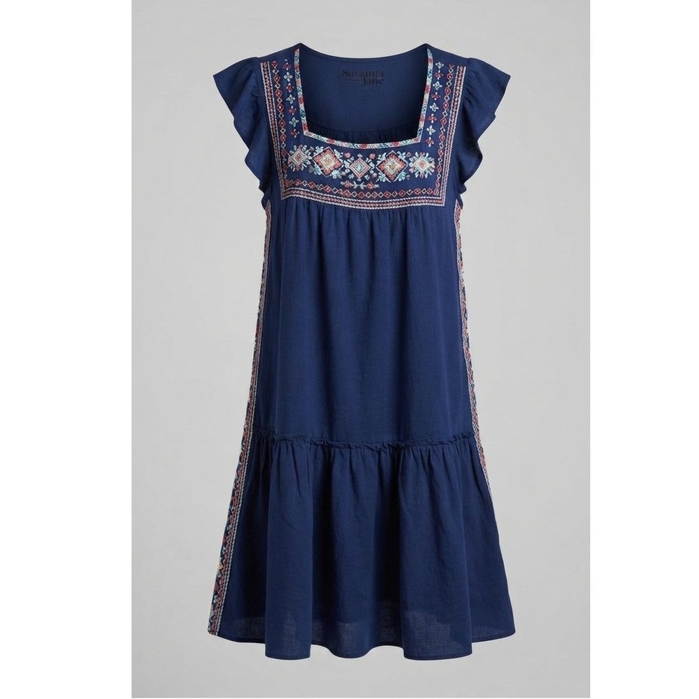 Savanna Jane Navy Blue Embroidered Boho Flutter Sleeve Dress 93917 Medium NWT